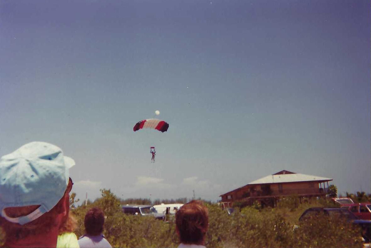 experienced skydiver coming in for landing at Skydive Key West in the year of 1989