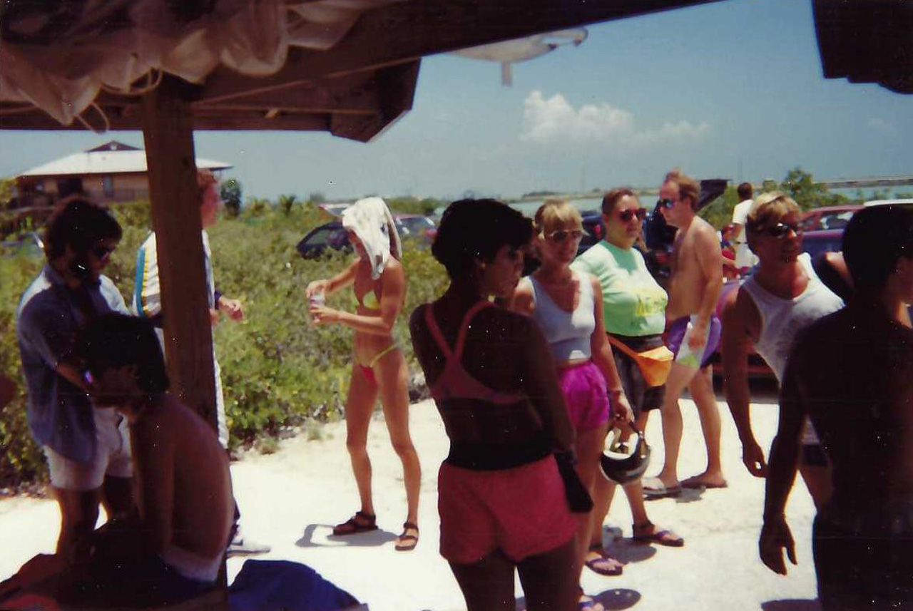 people gathering outside near the Florida Keys ocean in 1989