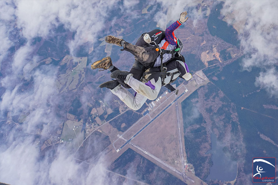 Tandem skydiving pair over the triangle shaped runways at Skydive Carolina. 