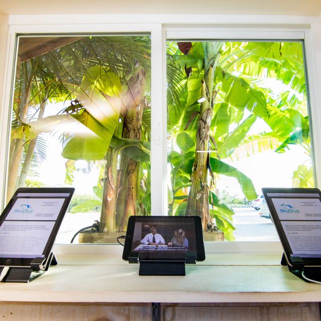 desk with tablets in front of window overlooking palm trees at Skydive Key West facility